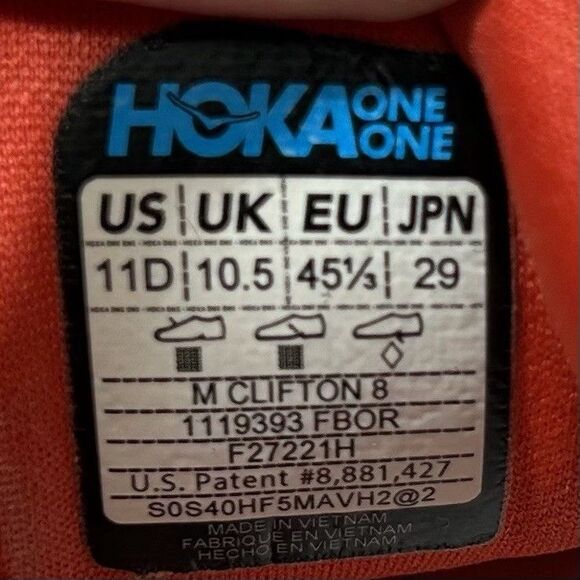 Hoka One One Clifton 8 1119393 FBOR Mens Size 11 Orange Running Shoes No Insoles - Picture 13 of 13